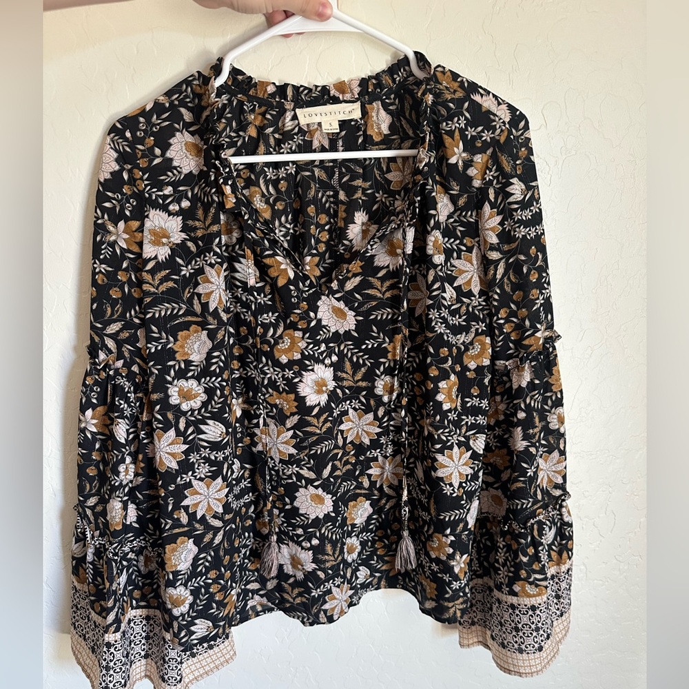 Lovestitch Cream and Pink Floral Blouse with Notched Collar